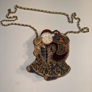 Mary Frances Wood Velvet Beaded Santa Xmas Chain Handbag Purse Holiday